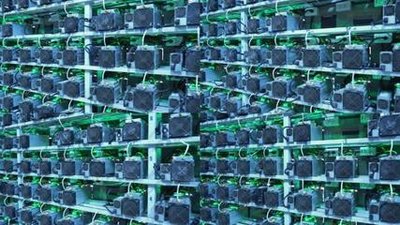 Industrial cryptocurrency mining farm with rows of high-performance mining rigs